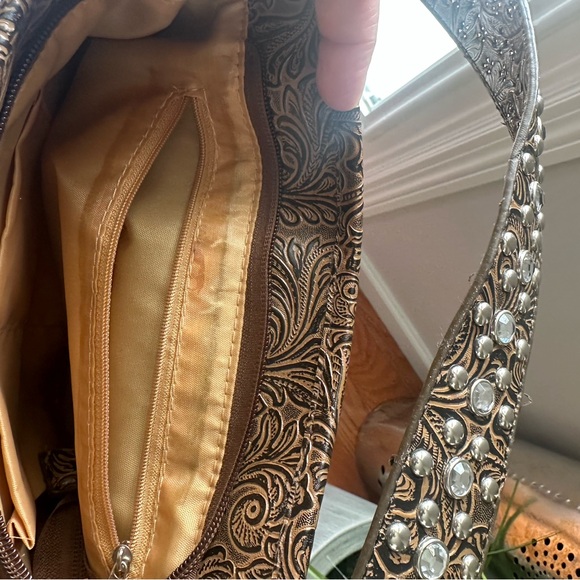Western Style tooled Floral Faux Leather with Rhinestone buckle shoulder bag - Picture 13 of 15